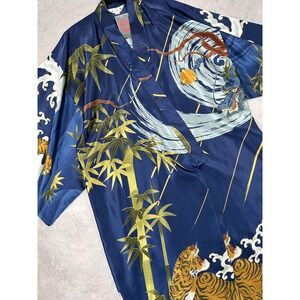 Blue Satin Tiger Dragon Bamboo Print Kimono Robe Longline Loungewear O/S